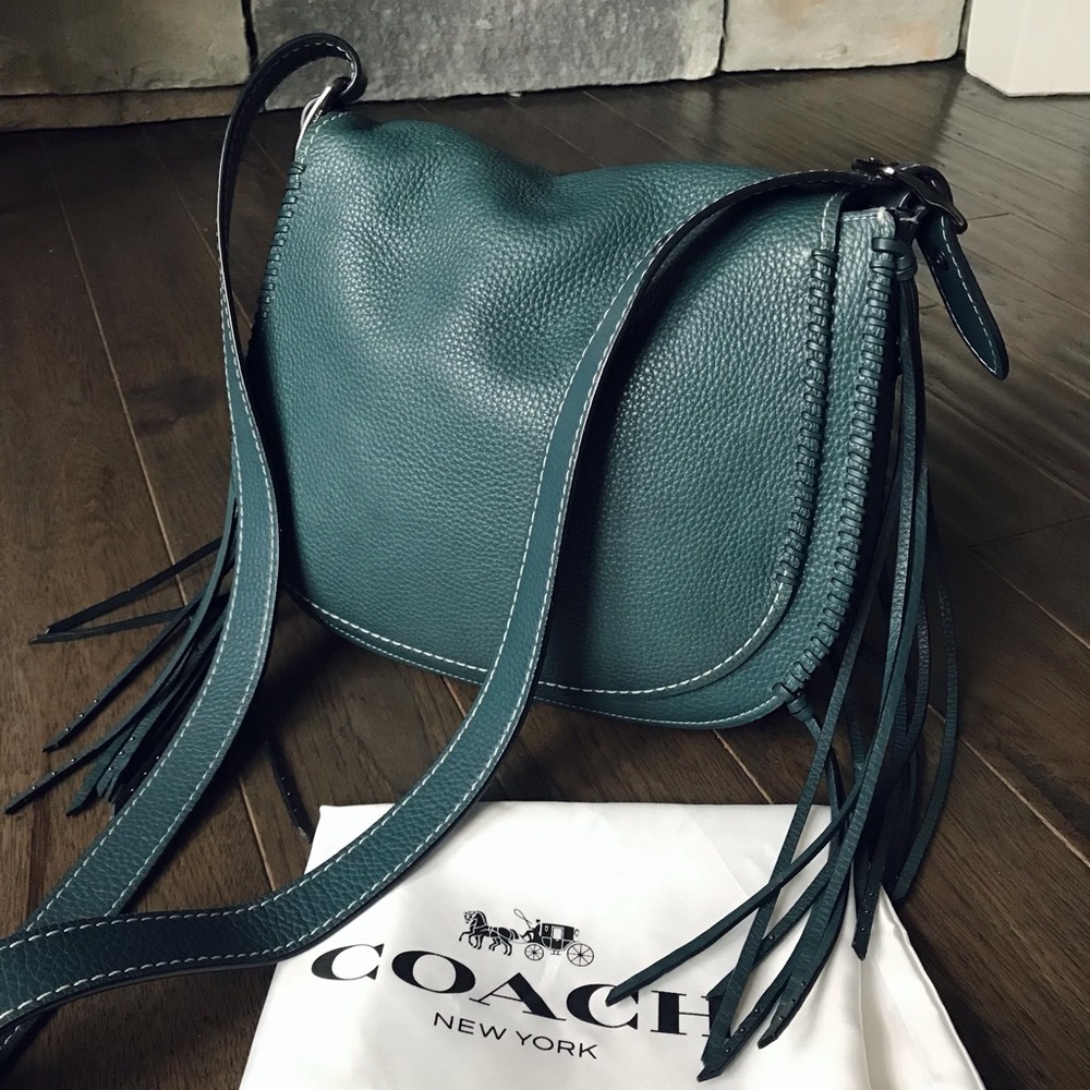 Coach 1941 Whiplash Stitch Studded Fringe Leather Saddle Crossbody Bag, Teal - Picture 14 of 16